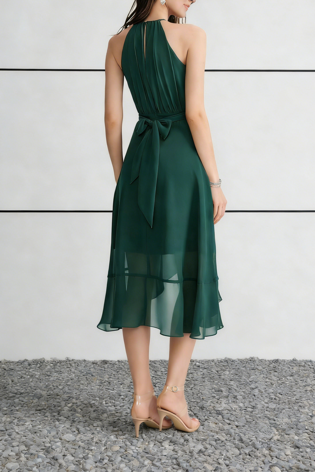 Emerald Green Chiffon Halter Neck Midi Dress with Ruffle Trim & Self-Tie Waist