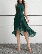Emerald Green Chiffon Halter Neck Midi Dress with Ruffle Trim & Self-Tie Waist