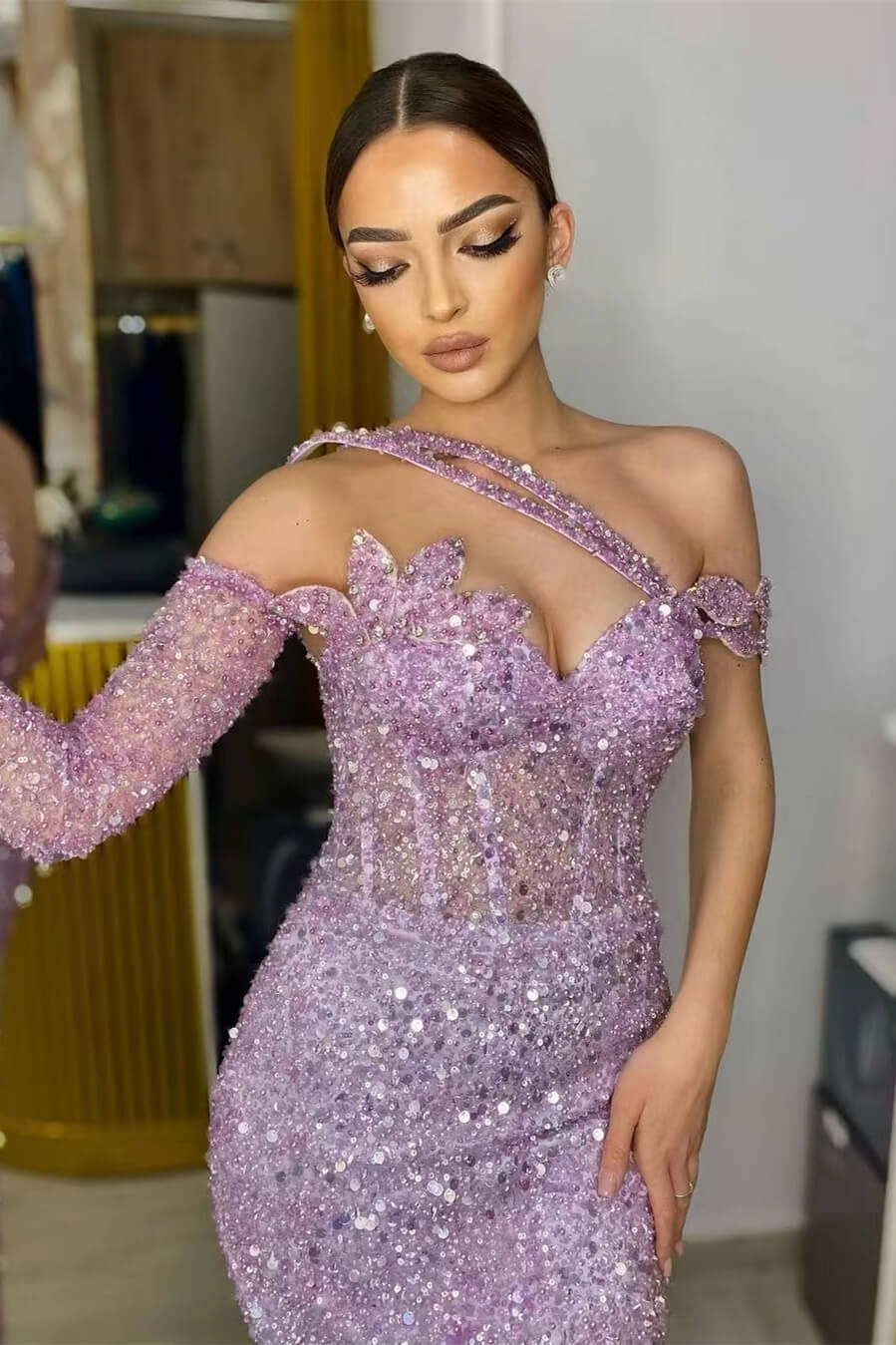 Gorgeous Lavender Sequins One Shoulder Mermaid Prom Dress with Long Sleeves