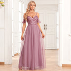 Women Elegant Off The Shoulder Strap Sleeve Double V Neck Tulle Stitching Embroidered Sequ A Swing Long Party Evening Dress