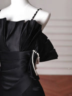 Elegant Black Spaghetti Straps Satin Off The Shoulder Mermaid Evening Dress Prom Dress Y8641