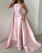 Gorgeous Pink Strapless Satin Appliques Evening Dress Formal Prom Dress Y8427