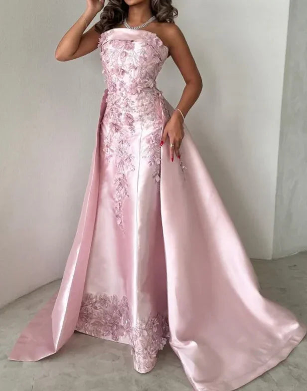 Gorgeous Pink Strapless Satin Appliques Evening Dress Formal Prom Dress Y8427