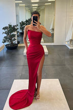 Long Mermaid Strapless Sleeveless Satin Prom Dress with Slit