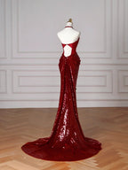 Sexy Burgundy Sequins Halter V Neck Evening Dress Backless Mermaid Evening Dress Y8628