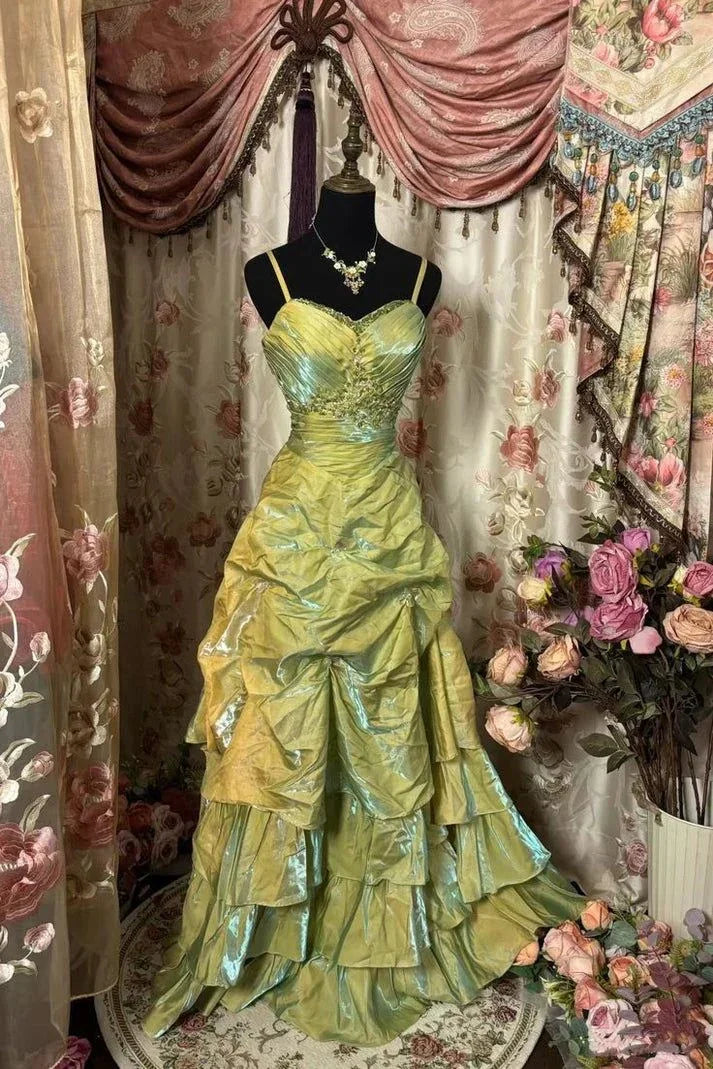 Vintage Sage Green A-Line Spaghetti Strap Satin Long Prom Dress Beaded Evening Dress Y8517