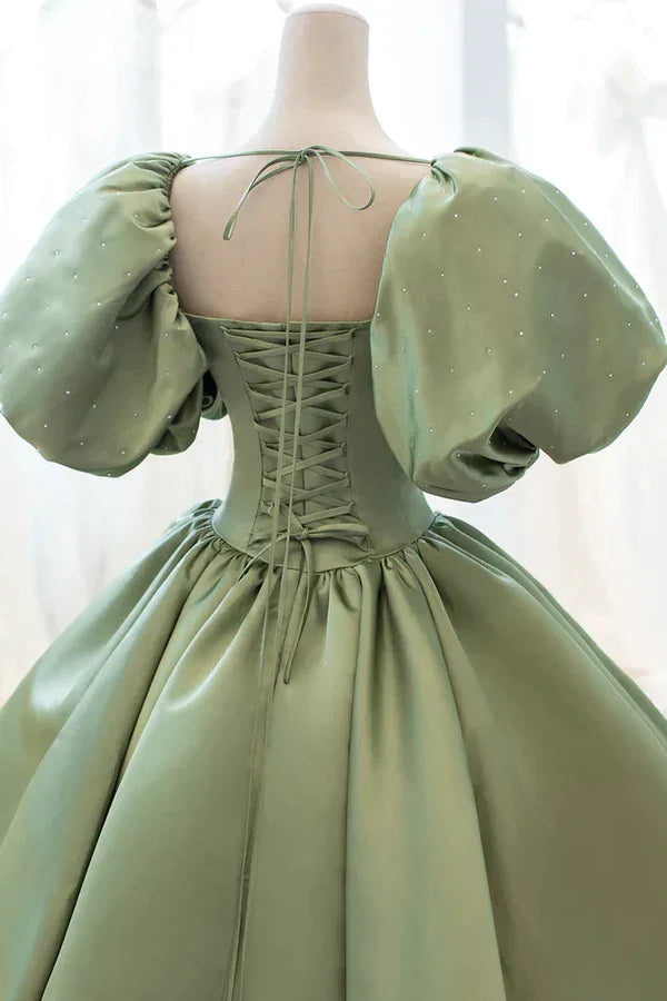 Satin Ball Gown Long Prom Dress Short Sleeves Evening Dress Y4313