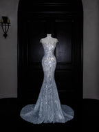 Beautiful Mermaid Sequin Beaded Evening Dress Blue Tulle Prom Dress Y8690