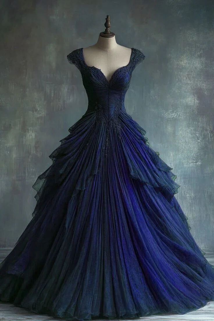 Elegant Blue Tulle Lace Ball Gown Formal A Line Quinceanera Dress Y7797