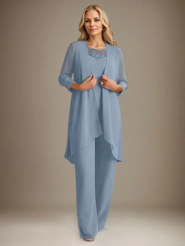 Chiffon Scoop Long Sleeves Mother Of The Bride Pantsuits With Jacket