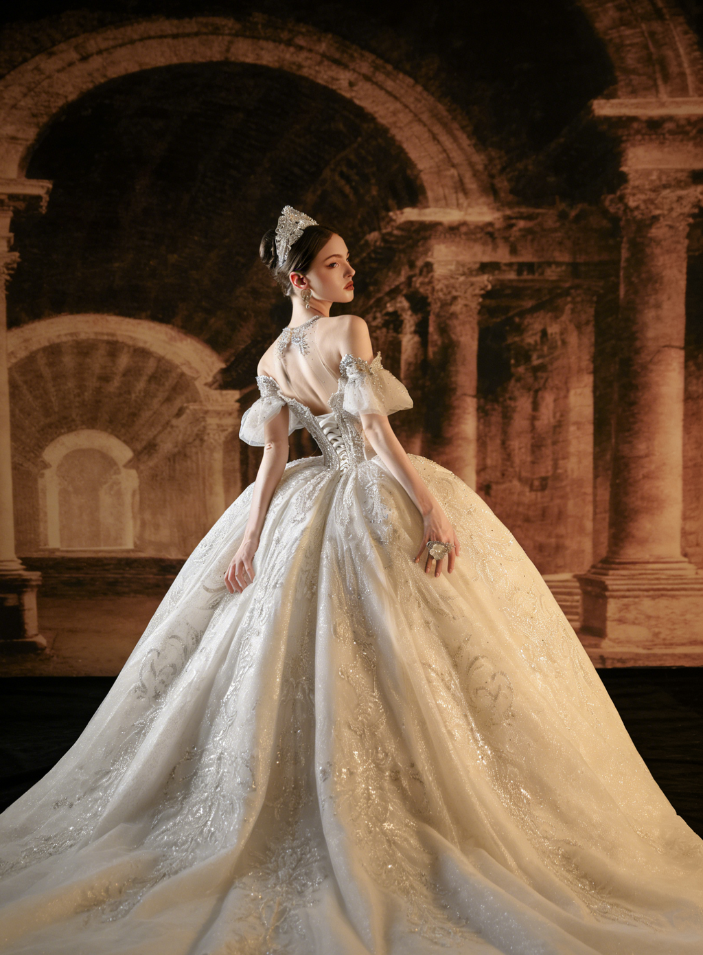 Regal Off-the-Shoulder Ball Gown Wedding Dress with Puff Sleeves & Beaded Embroidery Bridal Gown with Overskirt Train