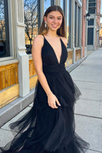 A-line Deep V Neck Cross Back Tulle Multi-Layers Long Prom Dress