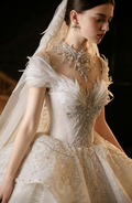 Luxury Feather Accent High Neck Ball Gown Wedding Dress with Beaded Embroidery & Train Bridal Gown