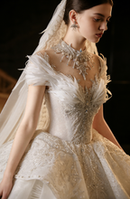 Luxury Feather Accent High Neck Ball Gown Wedding Dress with Beaded Embroidery & Train Bridal Gown