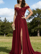 Burgundy Off-the-Shoulder Lace Evening Gown with Train