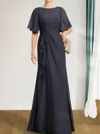 A-line Scoop Floor-Length Chiffon Mother of the Bride Dress With Cascading Ruffles Beading Sequins