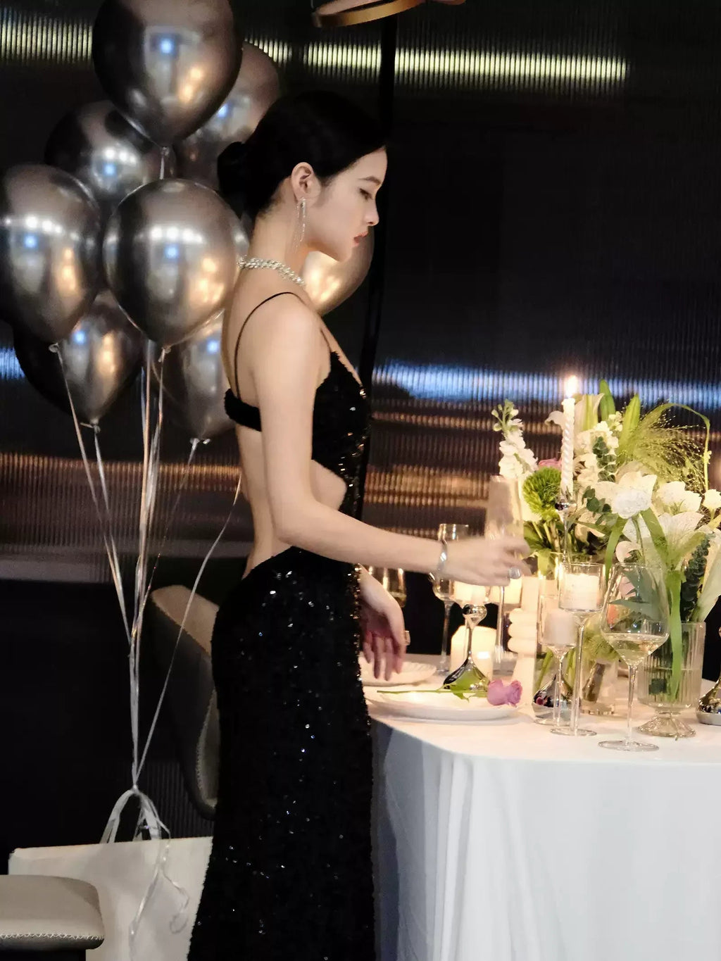 Black Sequins Sparkling Evening Dress Sexy Backless Evening Gown Y1124