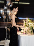 Black Sequins Sparkling Evening Dress Sexy Backless Evening Gown Y1124