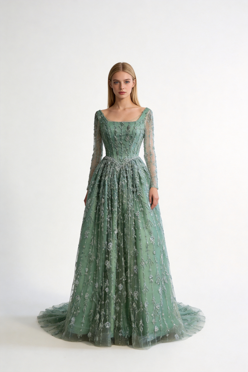 Luxury Sage Green Beaded Evening Dress with Long Sleeves LA72805B