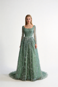 Luxury Sage Green Beaded Evening Dress with Long Sleeves LA72805B