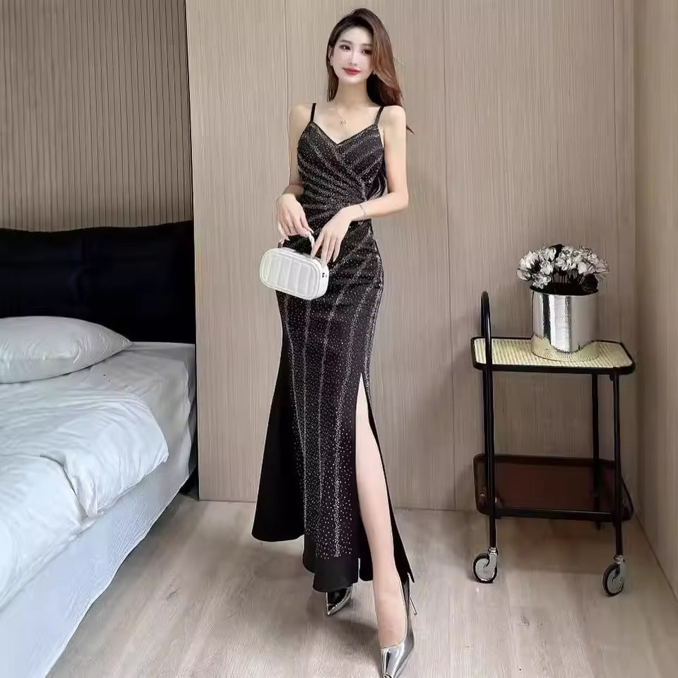 Spaghetti Strap Ruched Mermaid Evening Dress | Sparkle High-Slit Prom Gown