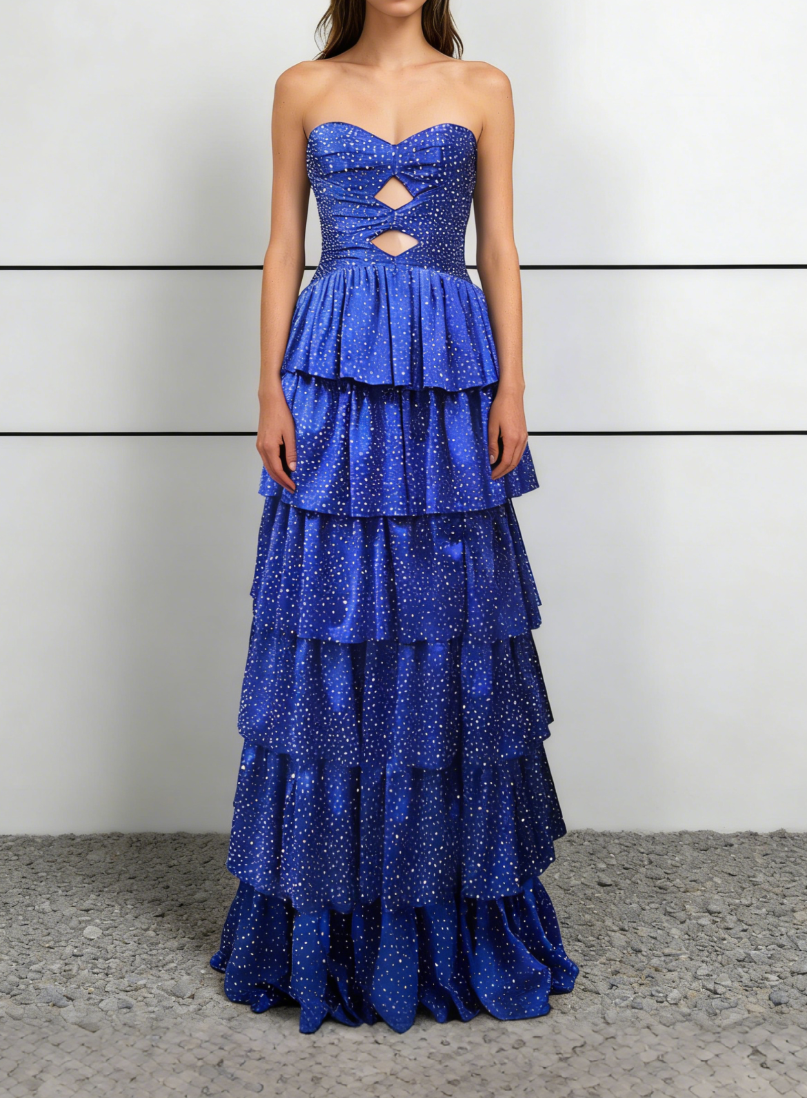 Royal Blue Strapless Tiered Prom Dress | Sparkle Glitter Ruffle Evening Gown