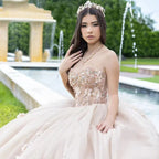 Champagne Beaded Ball Gown Detachable Sleeves Quinceanera Dress 2026