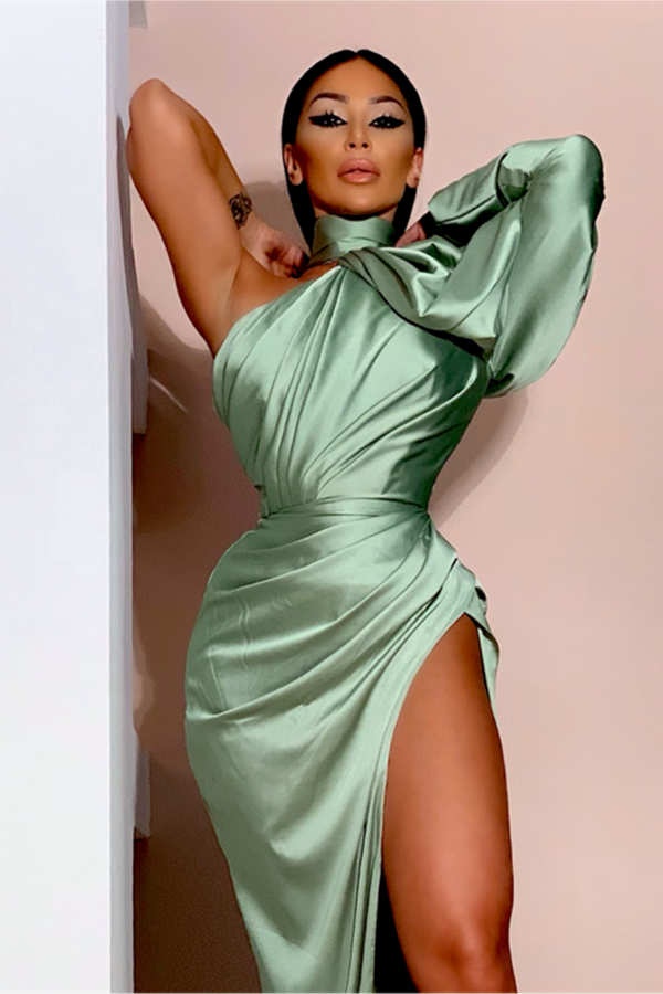 Long Sleeves Mermaid High Neck Satin Formal Prom Dress With Split
