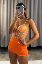 Orange Long A Line Spaghetti Straps Chiffon High Split Prom Dress