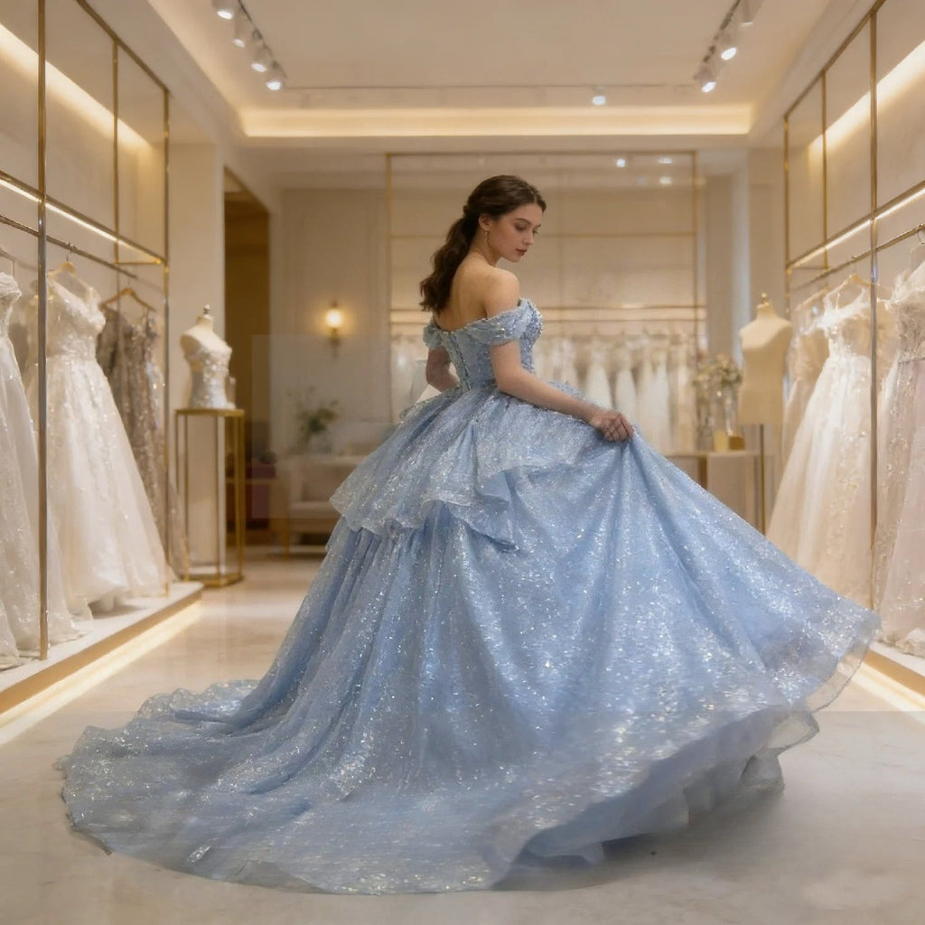 Real Picture Sky Blue Cap Sleeve Pearls Tiered Ball Gown Tulle Shinny Women Prom Party Occasion Wear Quinceanera 15 Customized