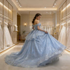 Real Picture Sky Blue Cap Sleeve Pearls Tiered Ball Gown Tulle Shinny Women Prom Party Occasion Wear Quinceanera 15 Customized