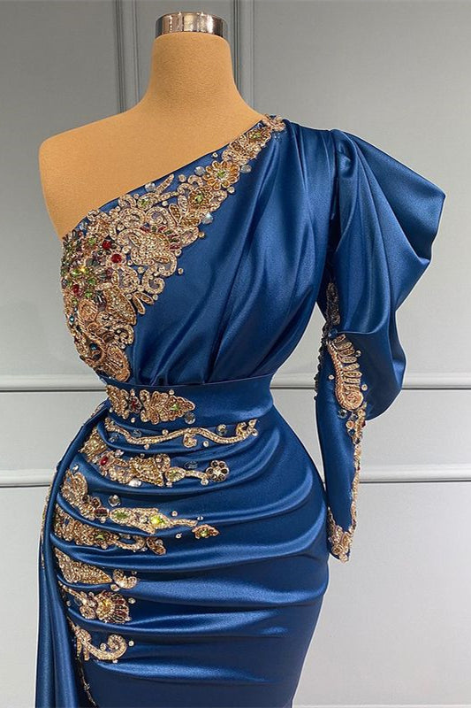Regal Sapphire One Shoulder Mermaid Long Prom Dress with Beads