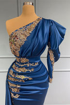 Regal Sapphire One Shoulder Mermaid Long Prom Dress with Beads