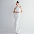 Sequined Craft Beading Cocktail Evening Dress Elegant Long Halter Slim Fit Fishtail