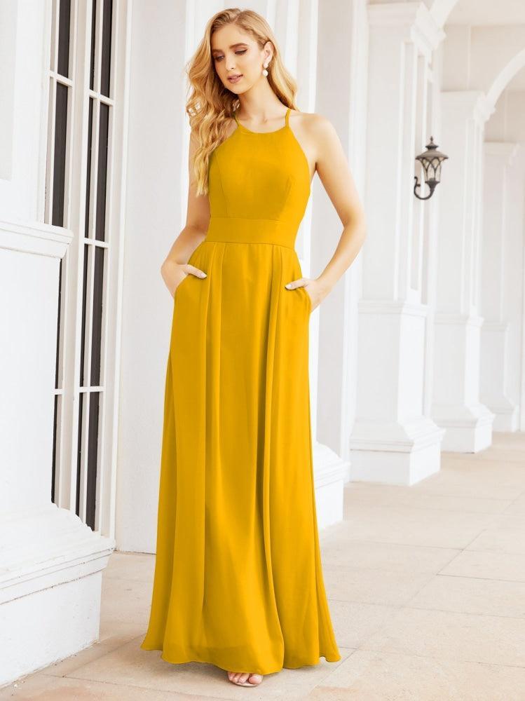 Halter Bridesmaid Dresses with Pockets Sleeveless Formal Evening Party Prom Gowns  28055