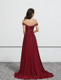 Burgundy Off-the-Shoulder Lace Chiffon Maxi Dress with High Slit & Train