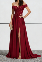 Burgundy Off-the-Shoulder Lace Chiffon Maxi Dress with High Slit & Train