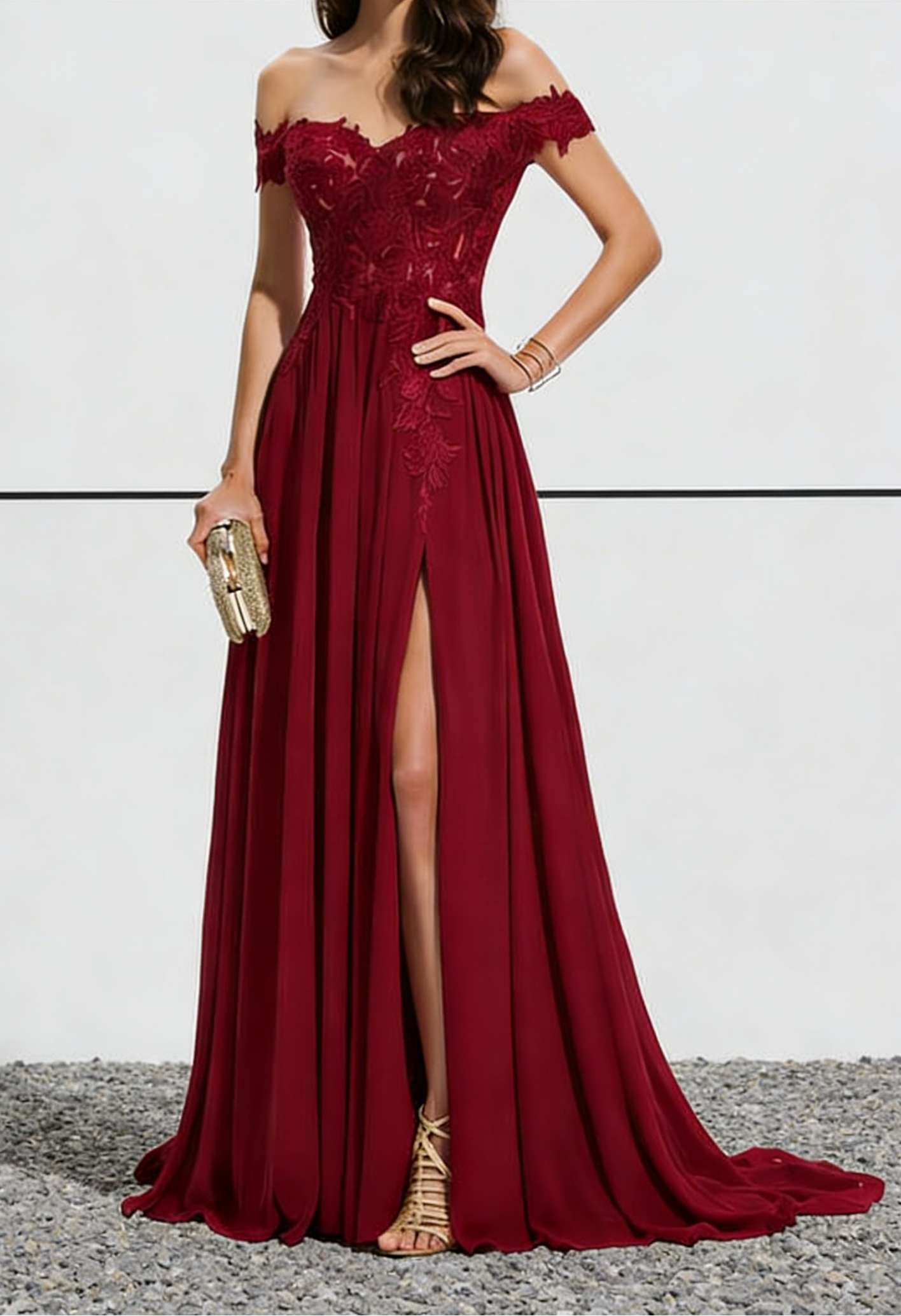 Burgundy Off-the-Shoulder Lace Chiffon Maxi Dress with High Slit & Train