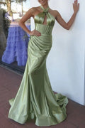 Lilo | Mermaid Sage Halter Corset Long Prom Dress with Rosette Embellishment