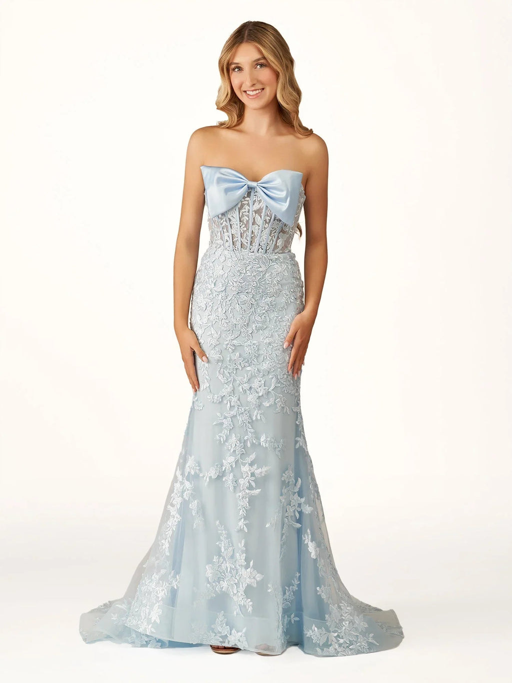 Arvin | Strapless Red Mermaid Lace Appliques Long Prom Dress with Bow
