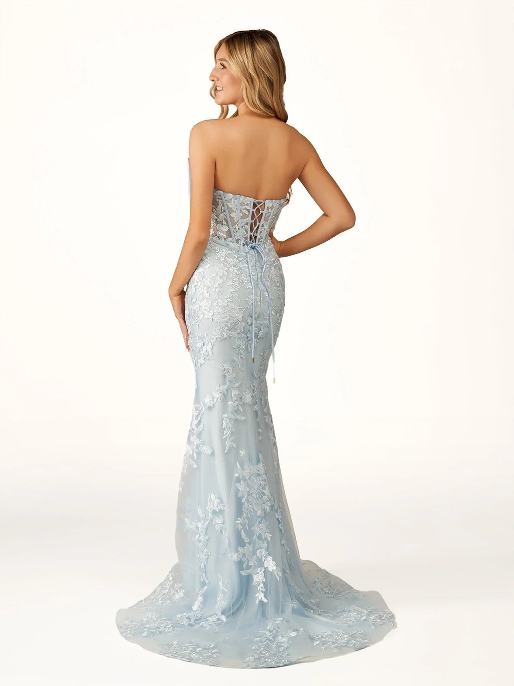 Arvin | Strapless Red Mermaid Lace Appliques Long Prom Dress with Bow