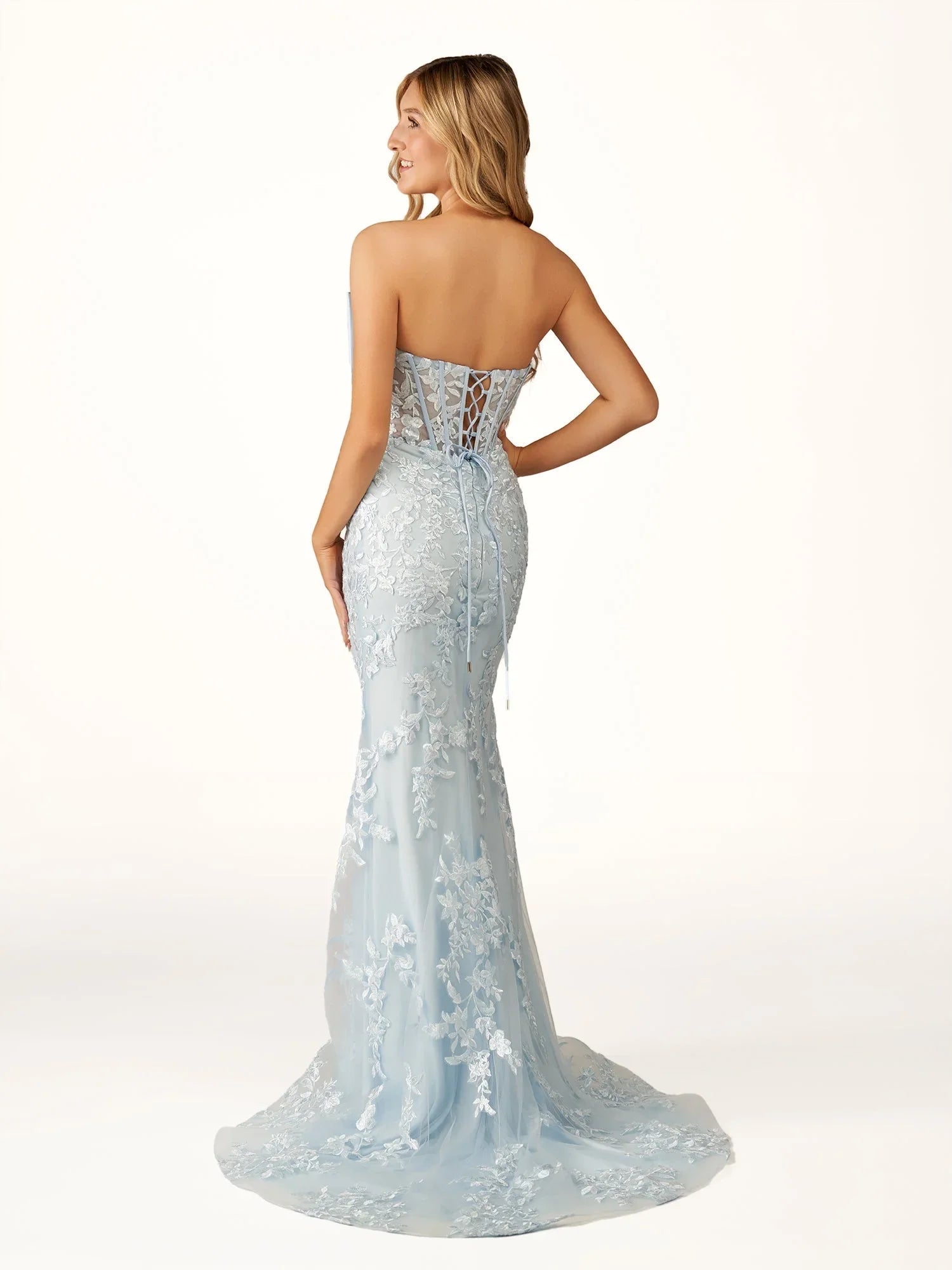 Arvin | Strapless Red Mermaid Lace Appliques Long Prom Dress with Bow