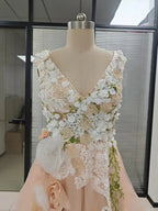 Elegant Tulle A-line V-neck Floral Lace Prom Dresses Formal Evening Party Gown