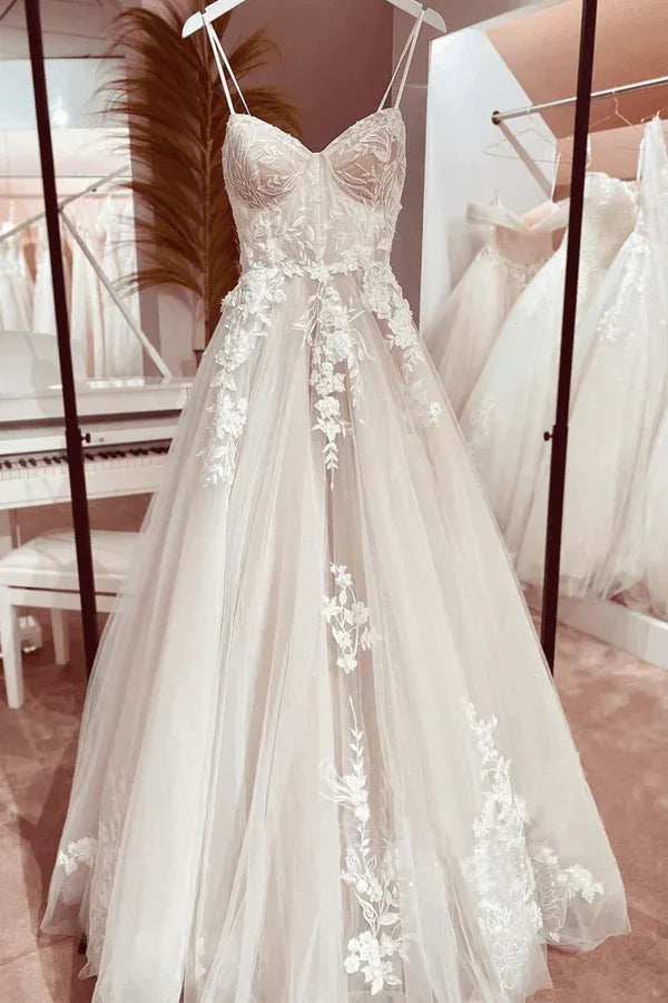 Princess Lace Wedding Dress Bridal Robe 2024 Vestido Spaghetti Straps Chapel Train Champagne Tulle Wedding Gown