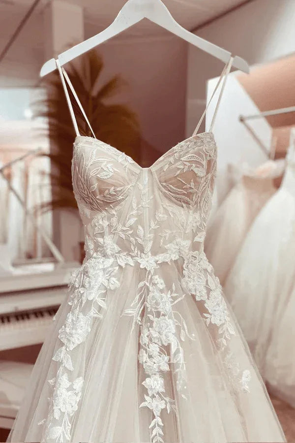 Princess Lace Wedding Dress Bridal Robe 2024 Vestido Spaghetti Straps Chapel Train Champagne Tulle Wedding Gown