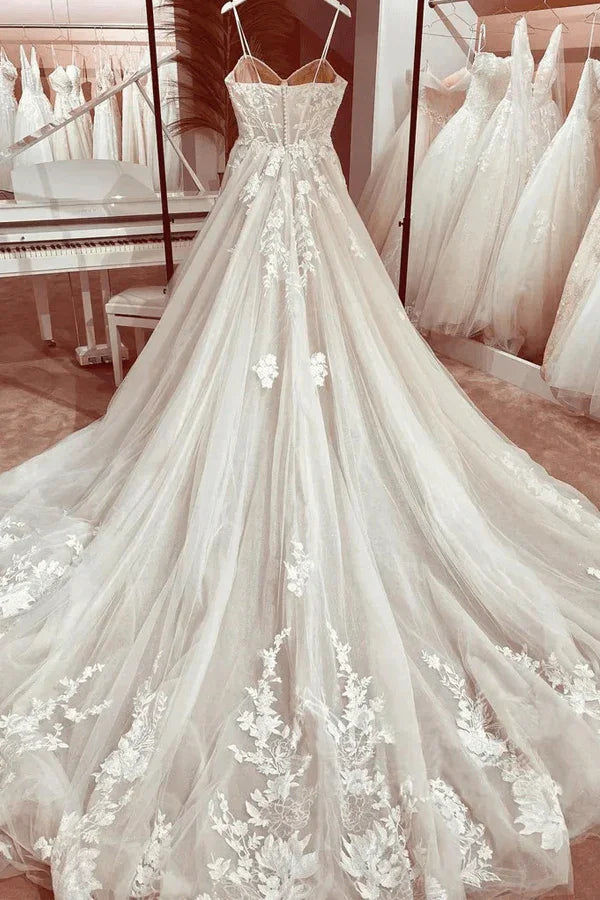 Princess Lace Wedding Dress Bridal Robe 2024 Vestido Spaghetti Straps Chapel Train Champagne Tulle Wedding Gown