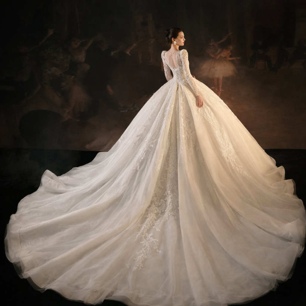 Vintage Lace Long Sleeve Ball Gown Wedding Dress with Corset Back