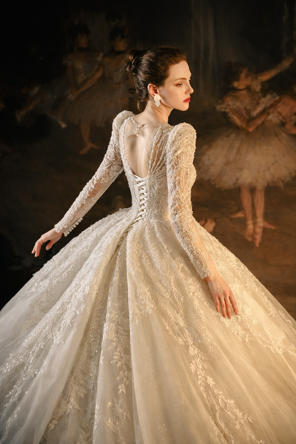 Vintage Lace Long Sleeve Ball Gown Wedding Dress with Corset Back
