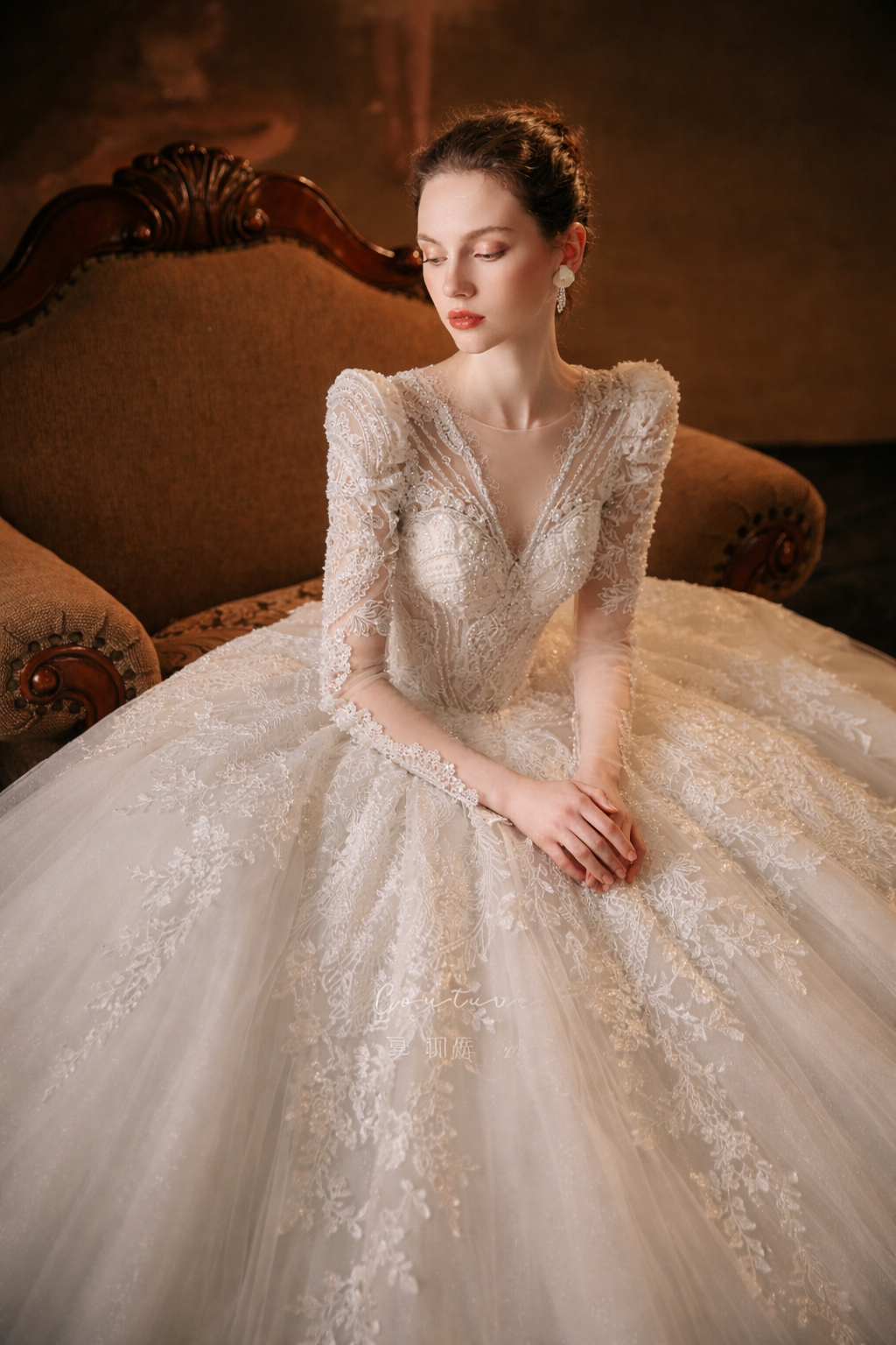 Vintage Lace Long Sleeve Ball Gown Wedding Dress with Corset Back