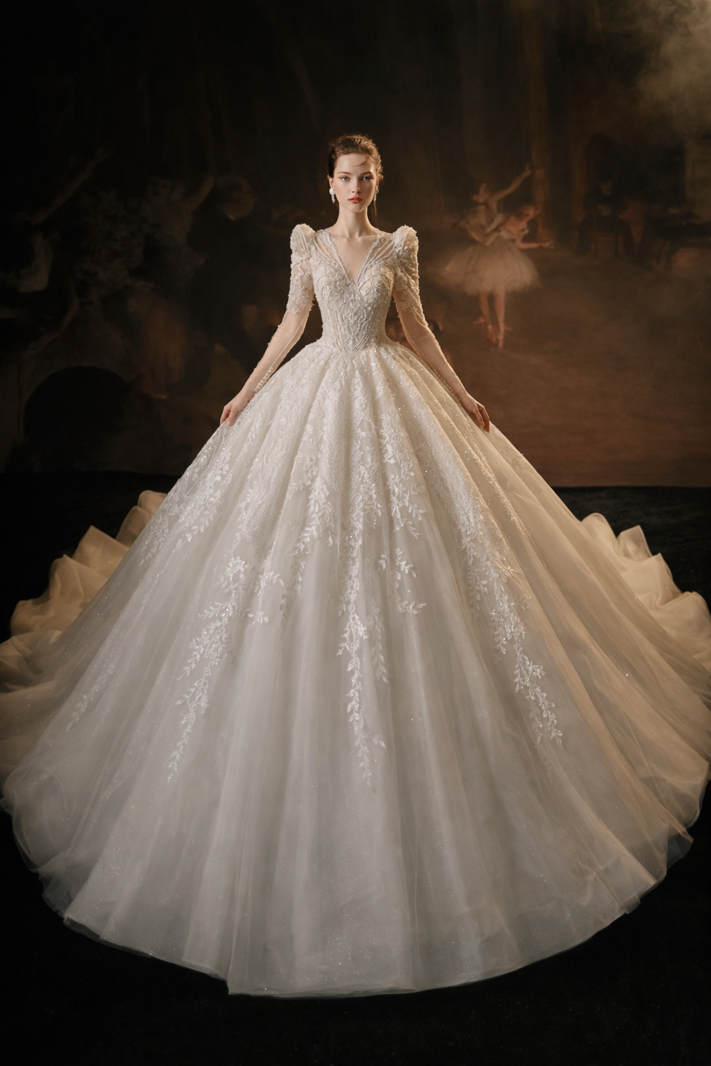 Vintage Lace Long Sleeve Ball Gown Wedding Dress with Corset Back